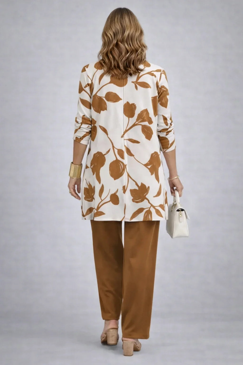 Thérèse | Ensemble trois pièces caramel imprimé feuilles