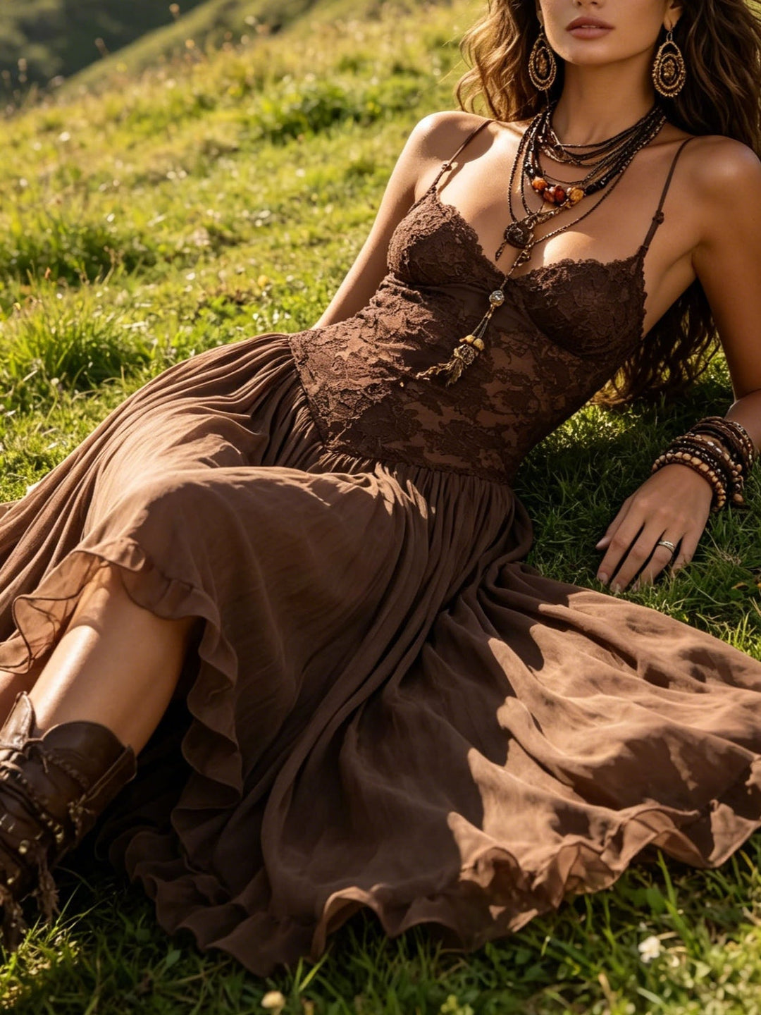 Félicie | Robe longue en mousseline et dentelle marron