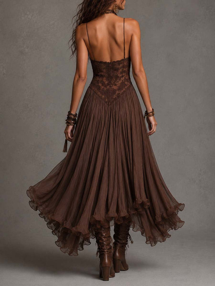 Félicie | Robe longue en mousseline et dentelle marron