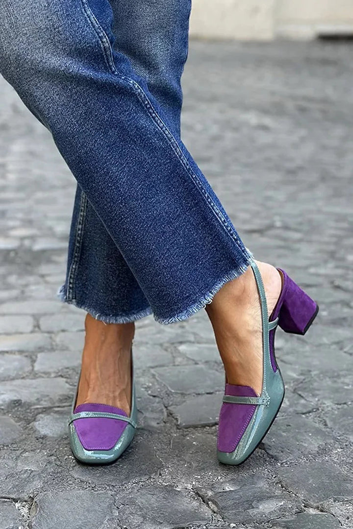 Talons larges slingback patchwork violet à bout carré
