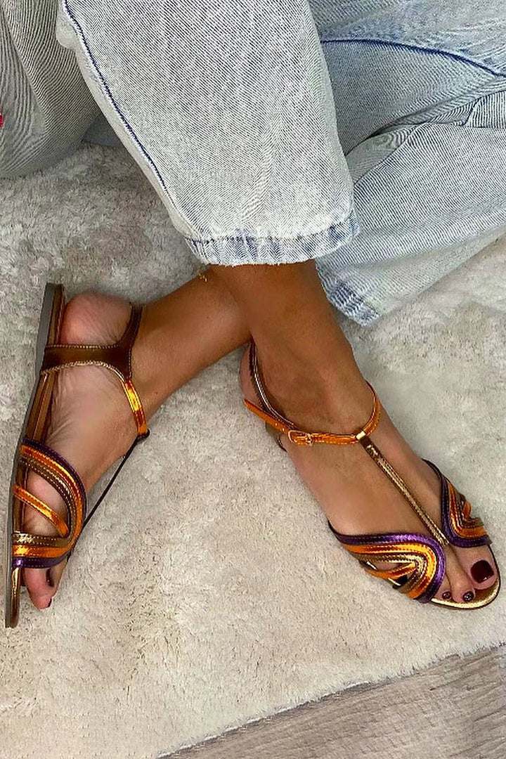 Sandales peep toe Multicolore et Or avec boucle et bride en T