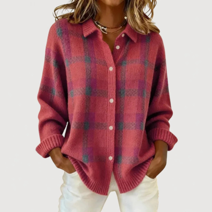 Isaure | Cardigan en maille à carreaux rose
