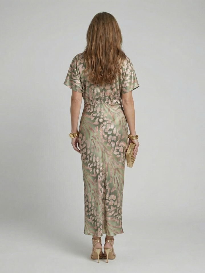 Coralie | Robe Midi à Imprimé Abstrait avec Décolleté en V et Taille Tordue
