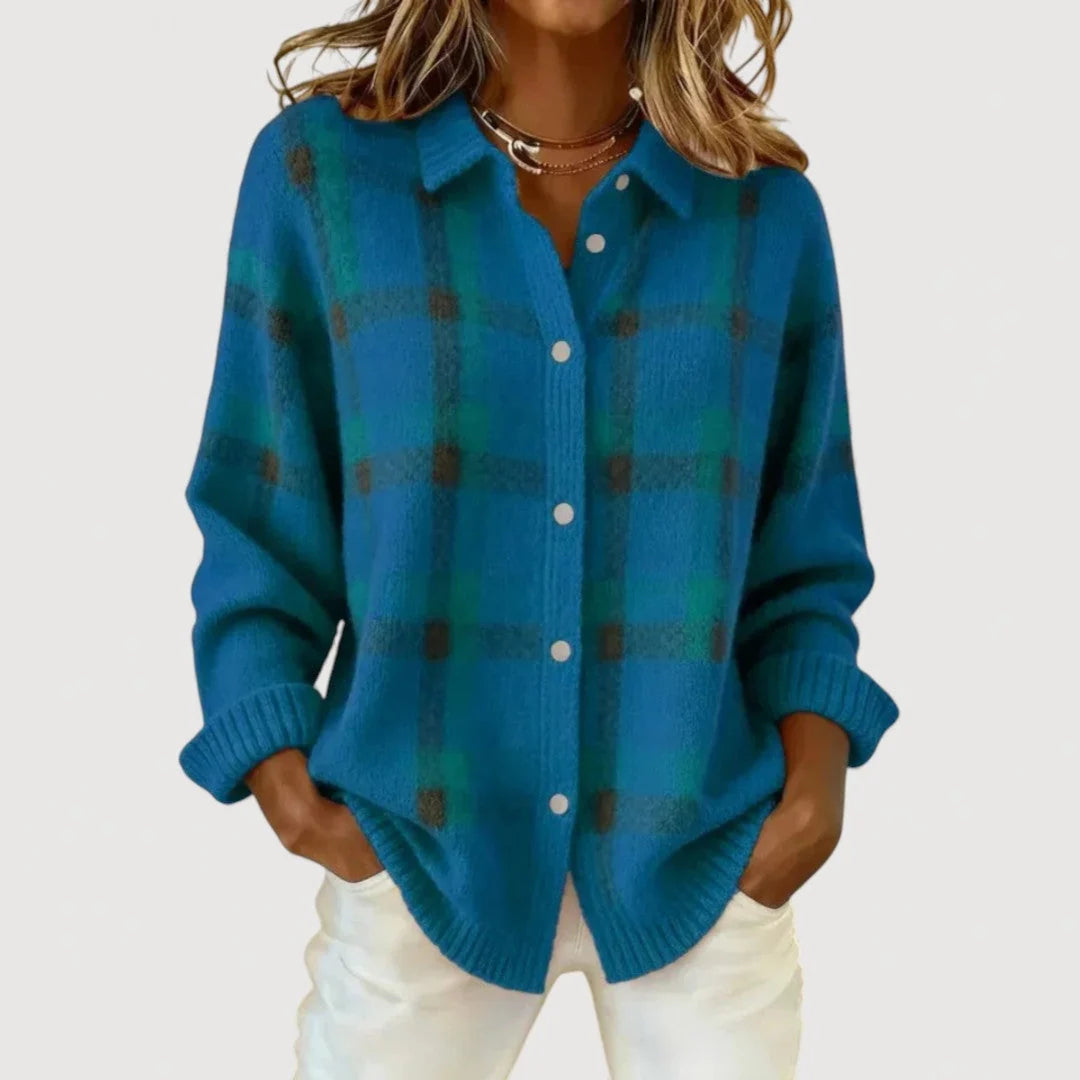 Mélisande | Cardigan en maille à carreaux bleu canard
