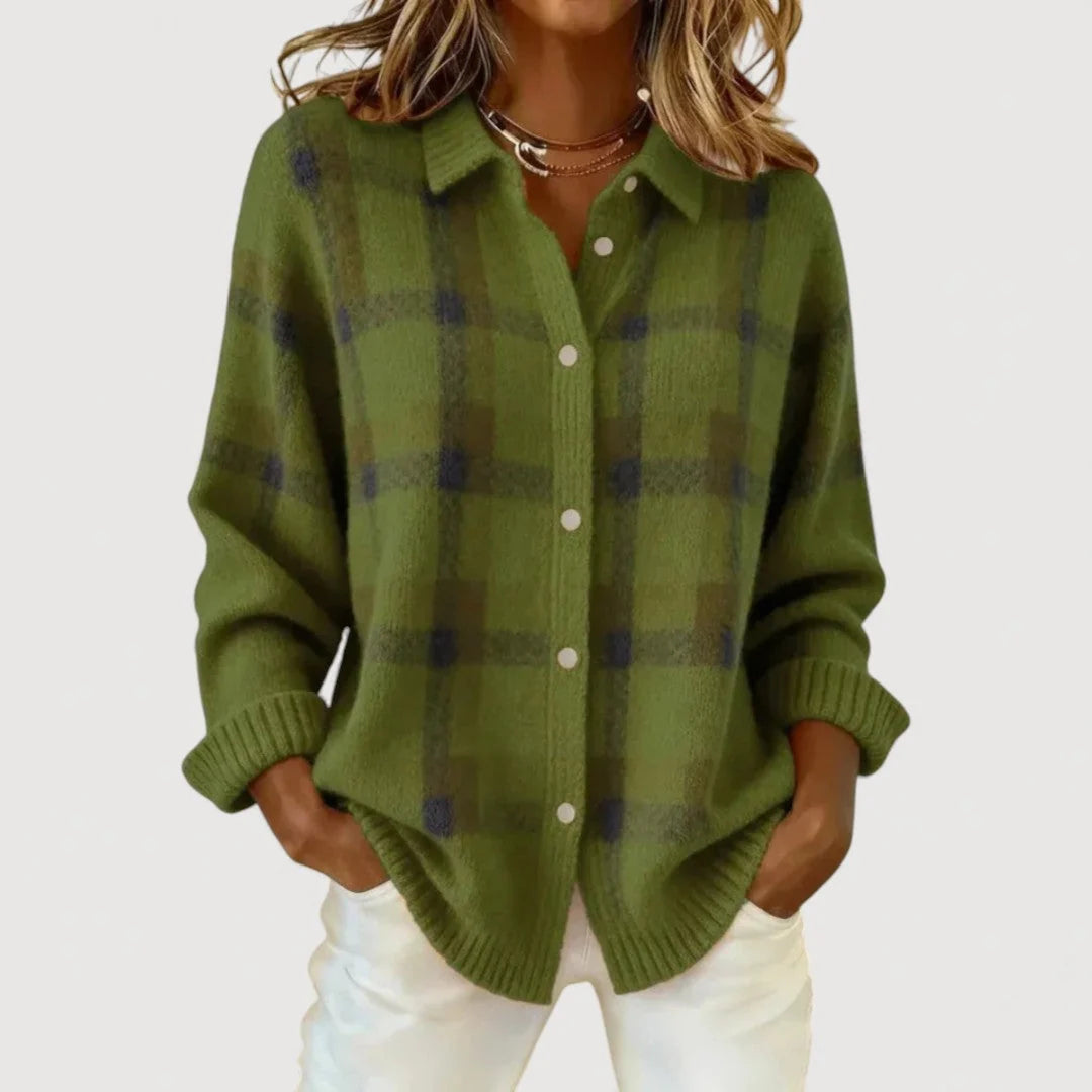 Justine | Cardigan en maille à carreaux vert olive