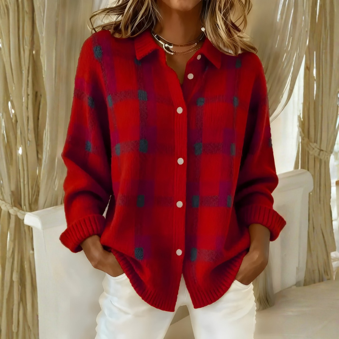 Lydie | Cardigan en maille à carreaux rouge