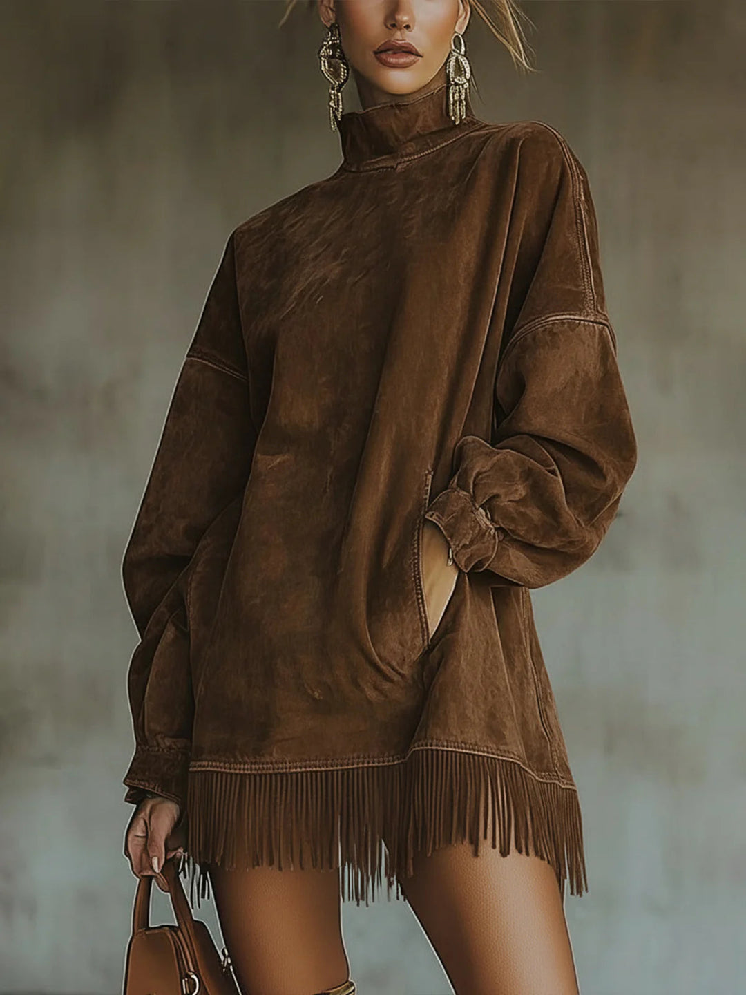 Sixtine | Robe en Suédine à Col Montant et Franges