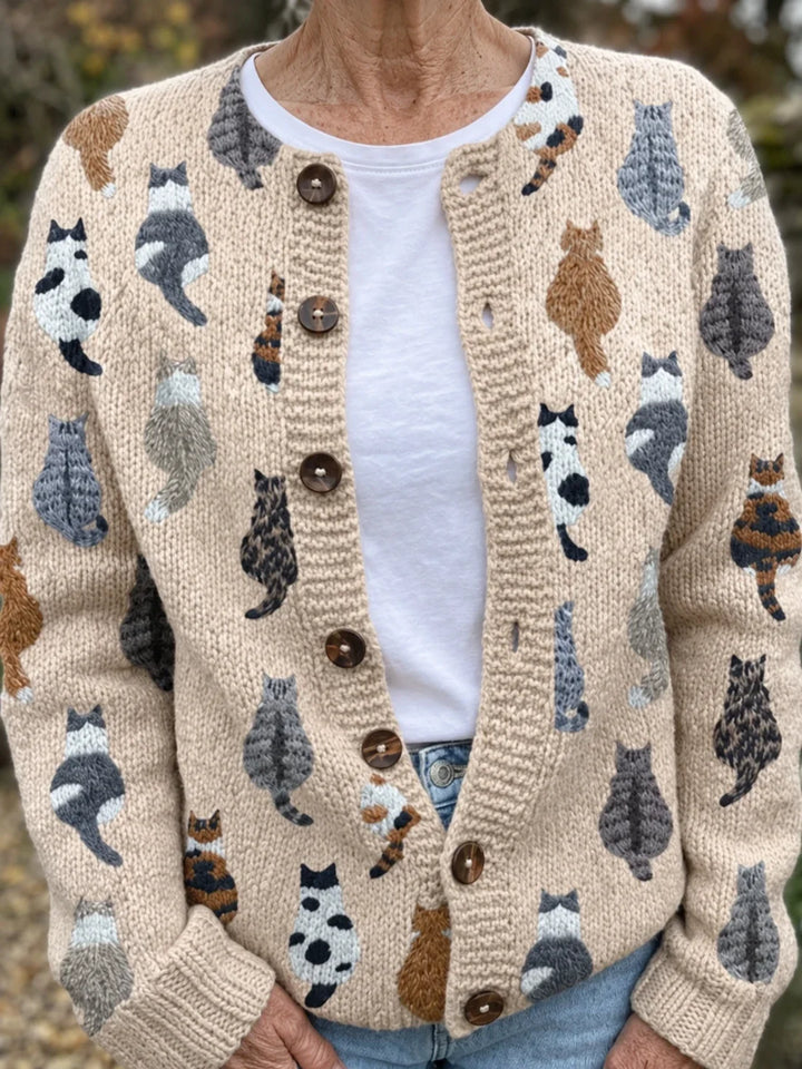 Charlotte | Cardigan en tricot doux à boutons avec imprimé chat