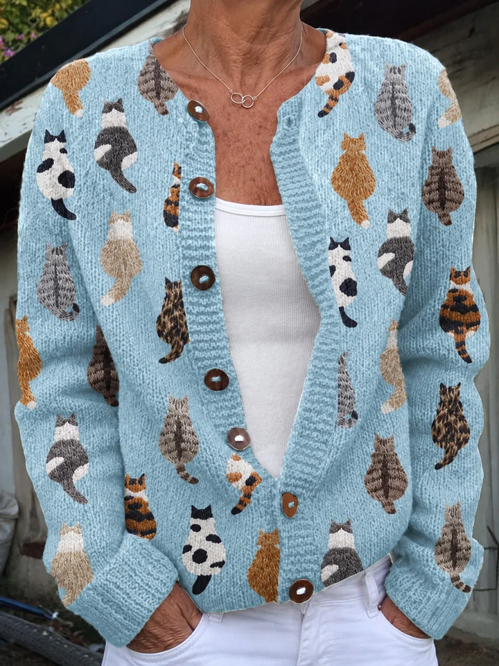 Charlotte | Cardigan en tricot doux à boutons avec imprimé chat