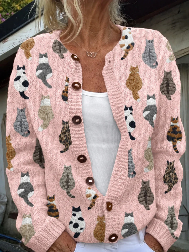 Charlotte | Cardigan en tricot doux à boutons avec imprimé chat