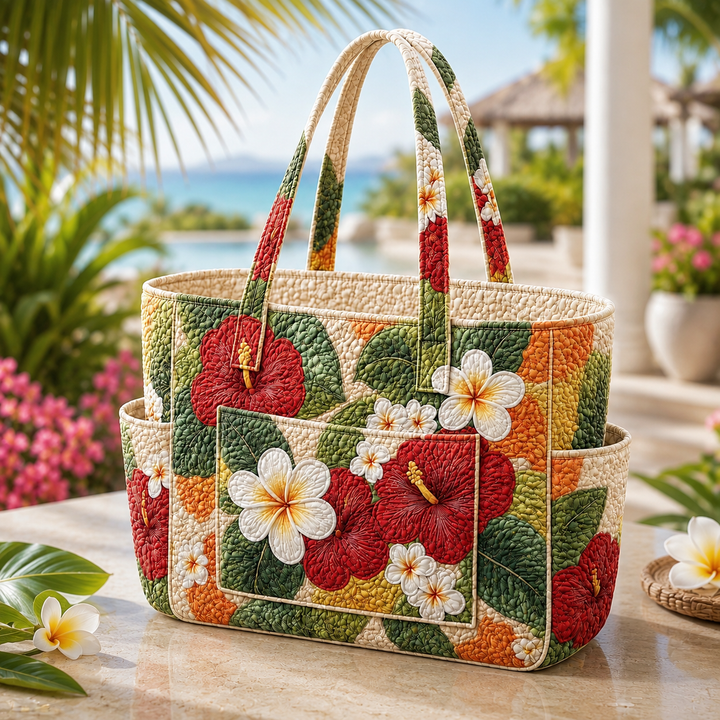 Hélène | Sac cabas matelassé aux hibiscus au coucher du soleil