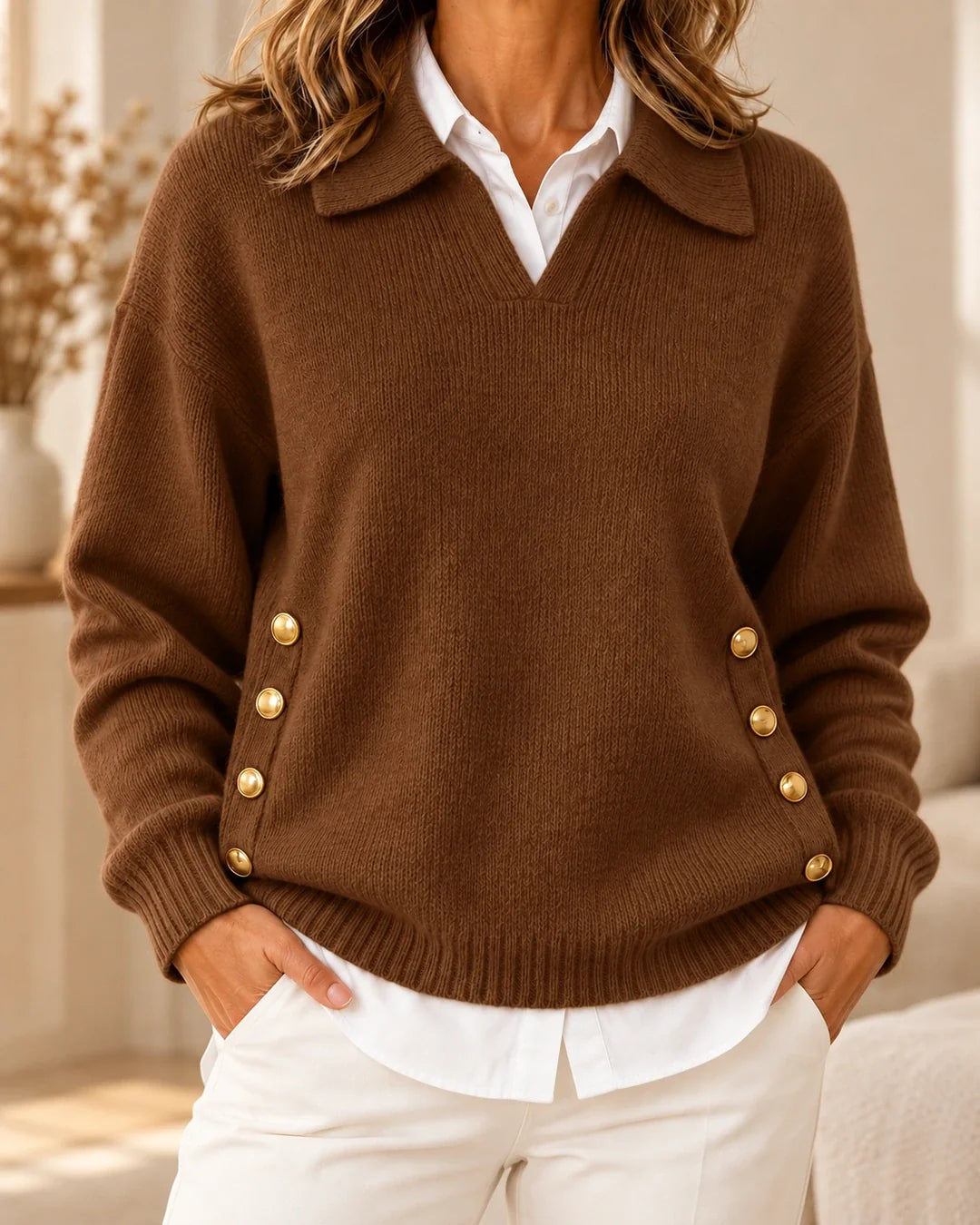 Erminia | Pull à col polo et boutons dorés
