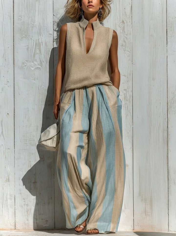 Paola | Ensemble top sans manches et pantalons larges à rayures