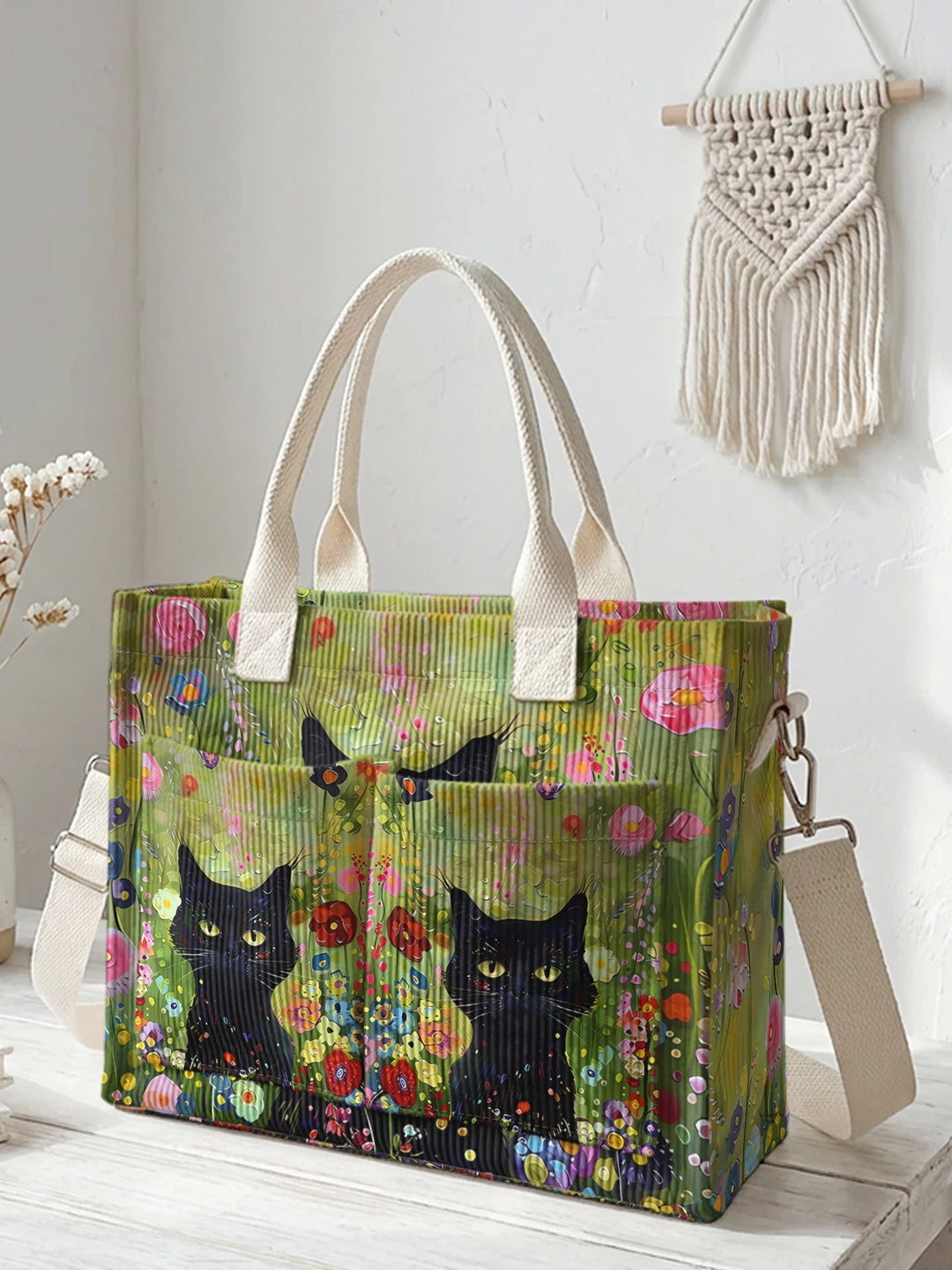 Prudence | Sac cabas en velours côtelé chats noirs au jardin