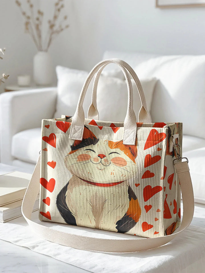 Naëlle | Sac cabas en velours côtelé chat porte-bonheur
