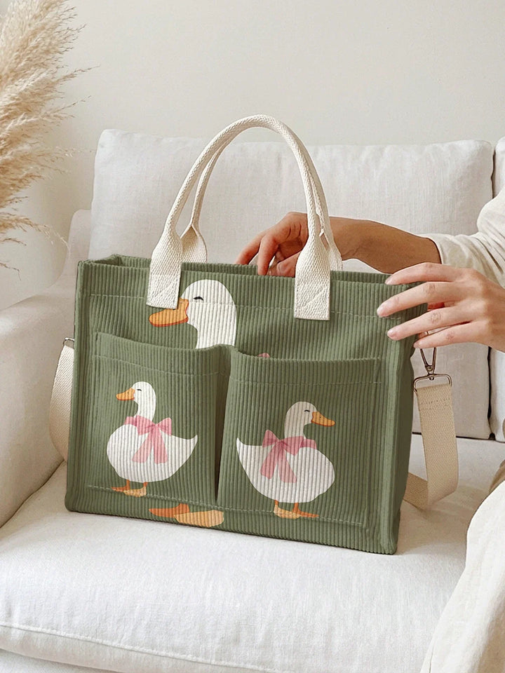 Sacha | Sac cabas en velours côtelé canards à nœud rose