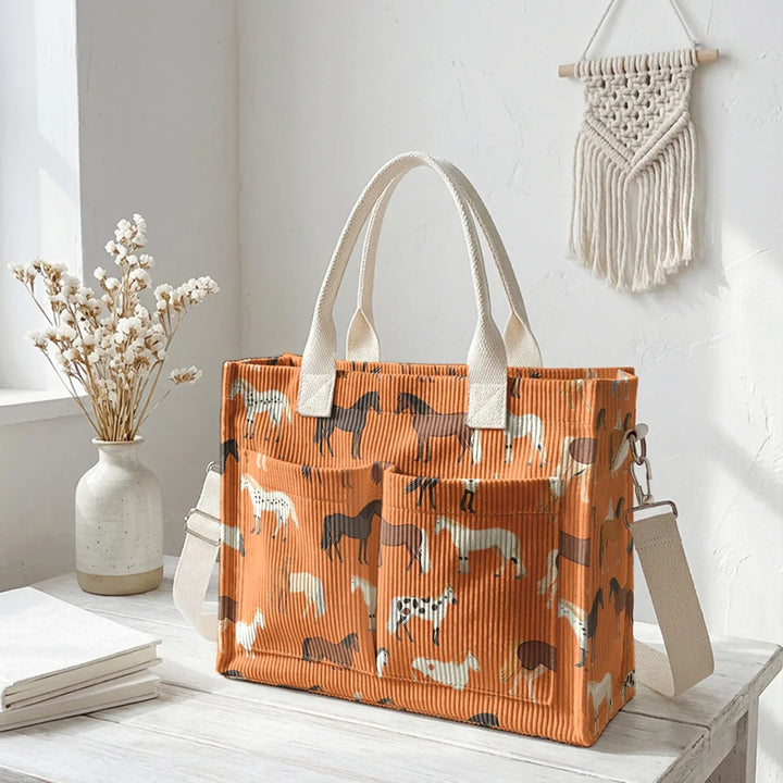 Romaine | Sac cabas en velours côtelé chevaux