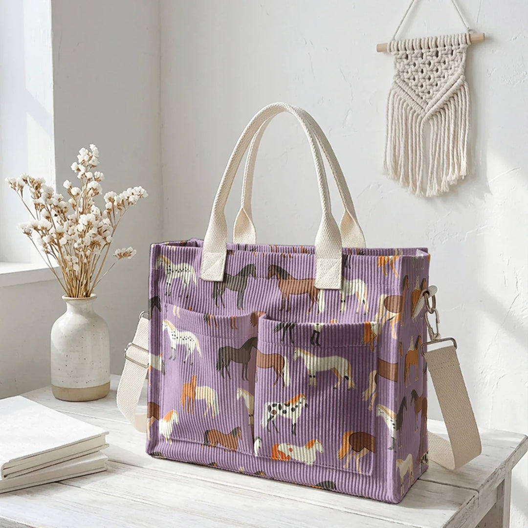Romaine | Sac cabas en velours côtelé chevaux