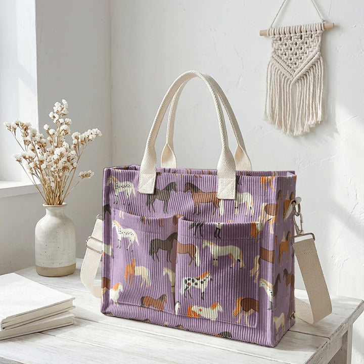 Romaine | Sac cabas en velours côtelé chevaux
