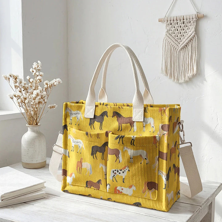 Romaine | Sac cabas en velours côtelé chevaux
