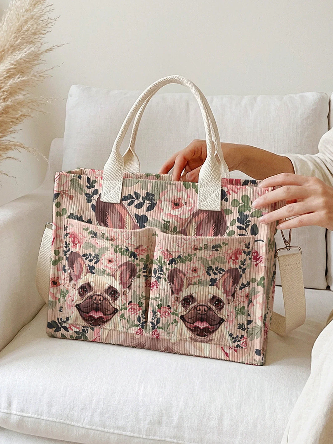 Pétronille | Sac cabas en velours côtelé bouledogue fleuri