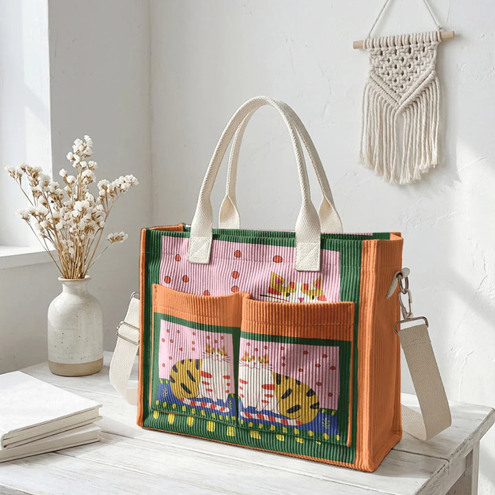 Nathalie | Sac cabas en velours côtelé chats bohèmes