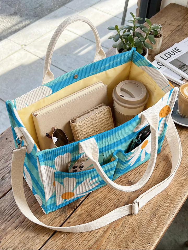 Toinette | Sac cabas en velours côtelé marguerites et rayures bleues