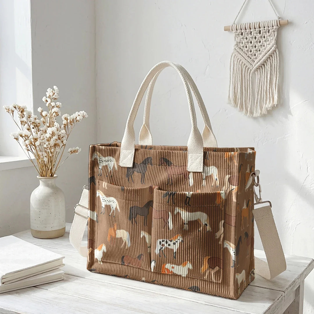 Romaine | Sac cabas en velours côtelé chevaux