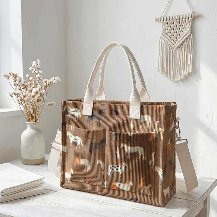 Romaine | Sac cabas en velours côtelé chevaux