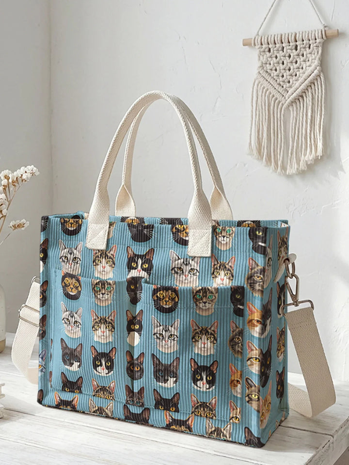 Nolène | Sac cabas en velours côtelé chats sur fond bleu