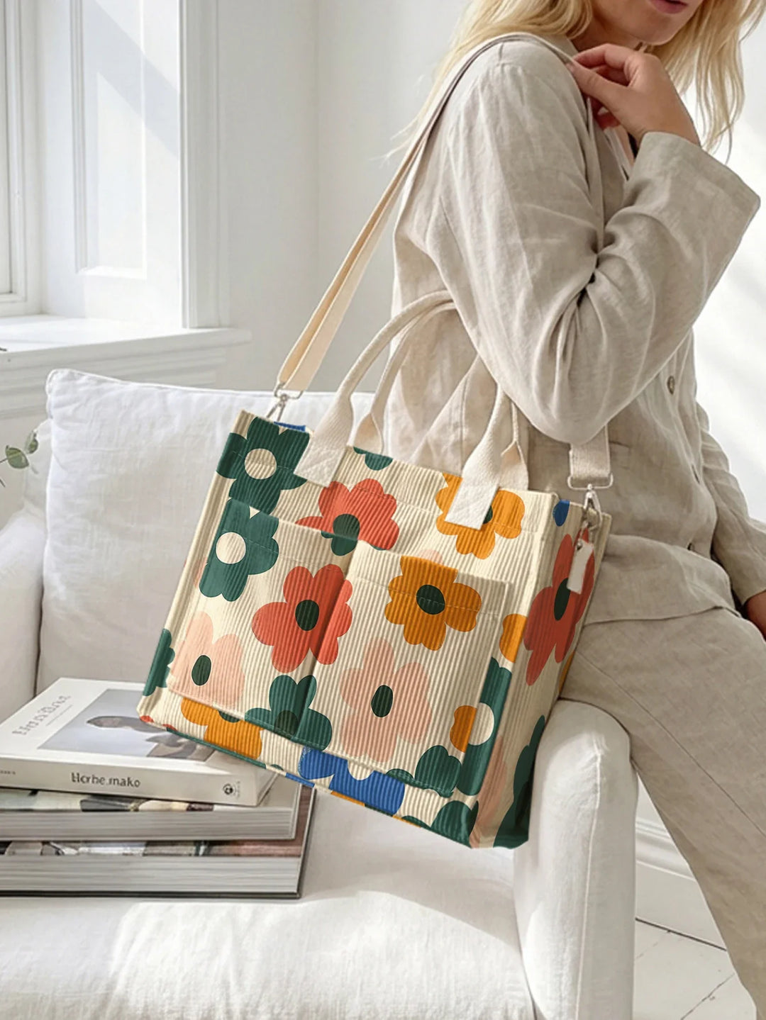 Valériane | Sac cabas en velours côtelé fleurs rétro sur fond beige