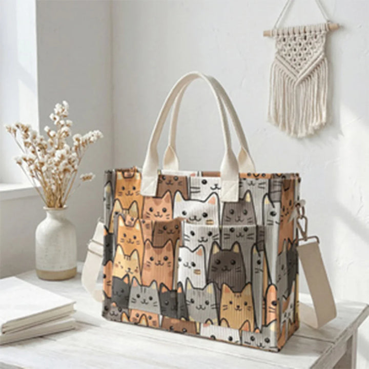 Nicolette | Sac cabas en velours côtelé bande de chatons