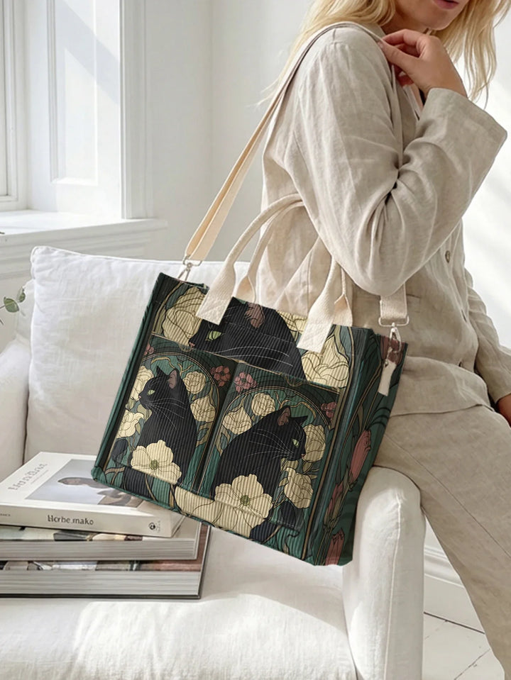 Ninette | Sac cabas en velours côtelé chat noir fleuri