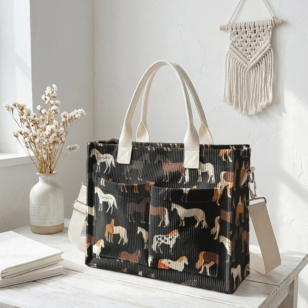 Romaine | Sac cabas en velours côtelé chevaux