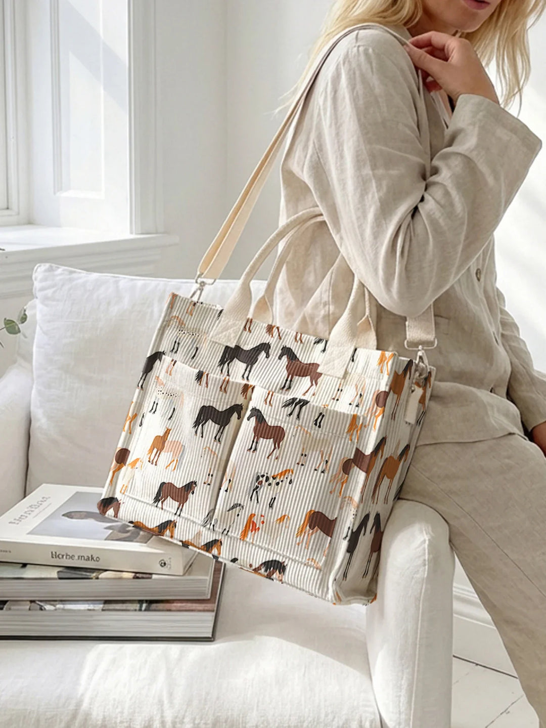Romaine | Sac cabas en velours côtelé chevaux