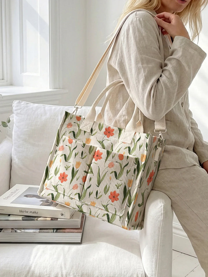 Yseult | Sac cabas en velours côtelé tulipes