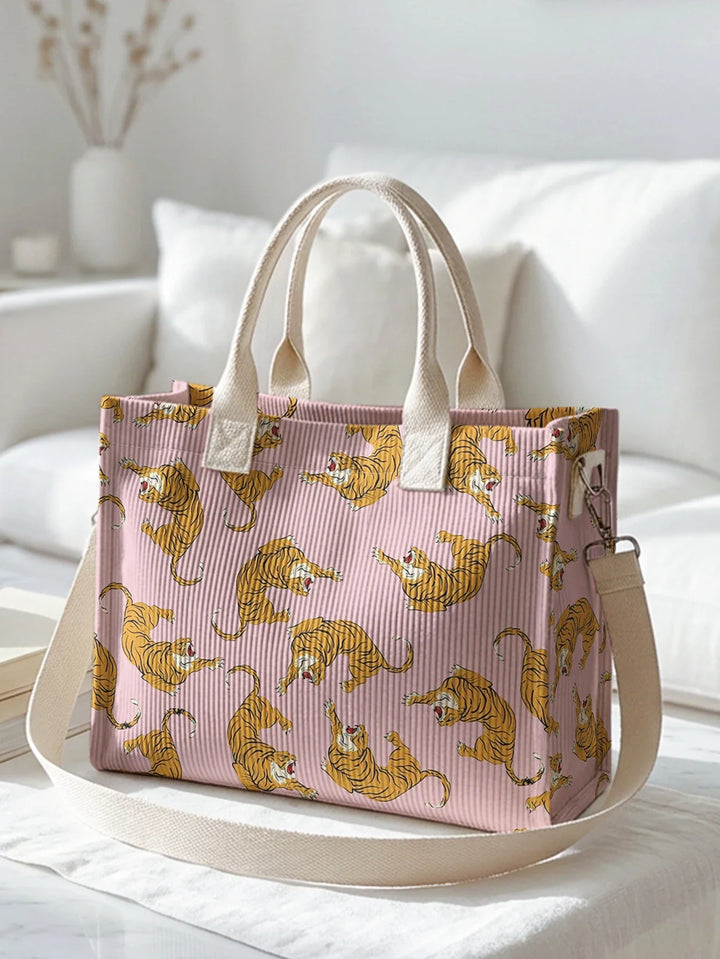 Ségolène | Sac cabas en velours côtelé félins sur fond rose