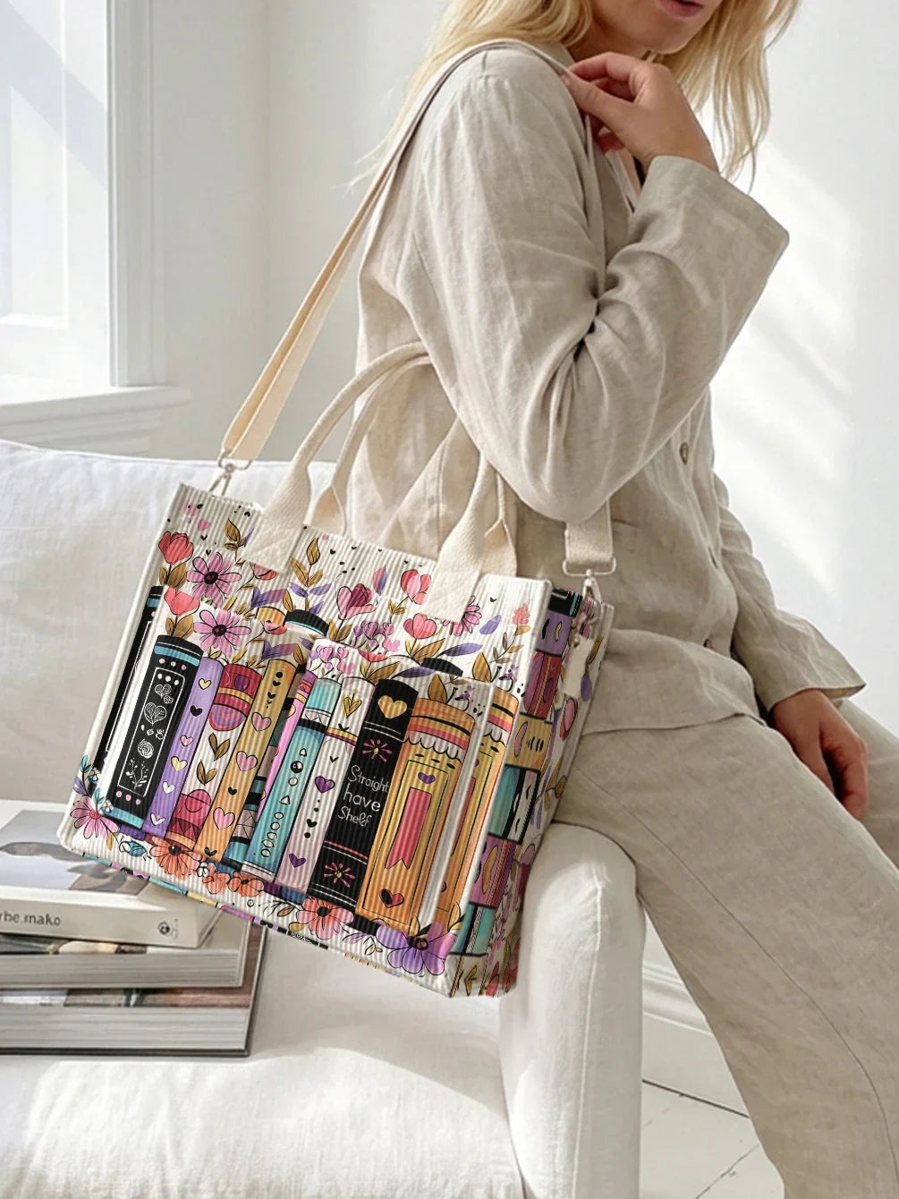 Ysé | Sac cabas en velours côtelé livres et fleurs