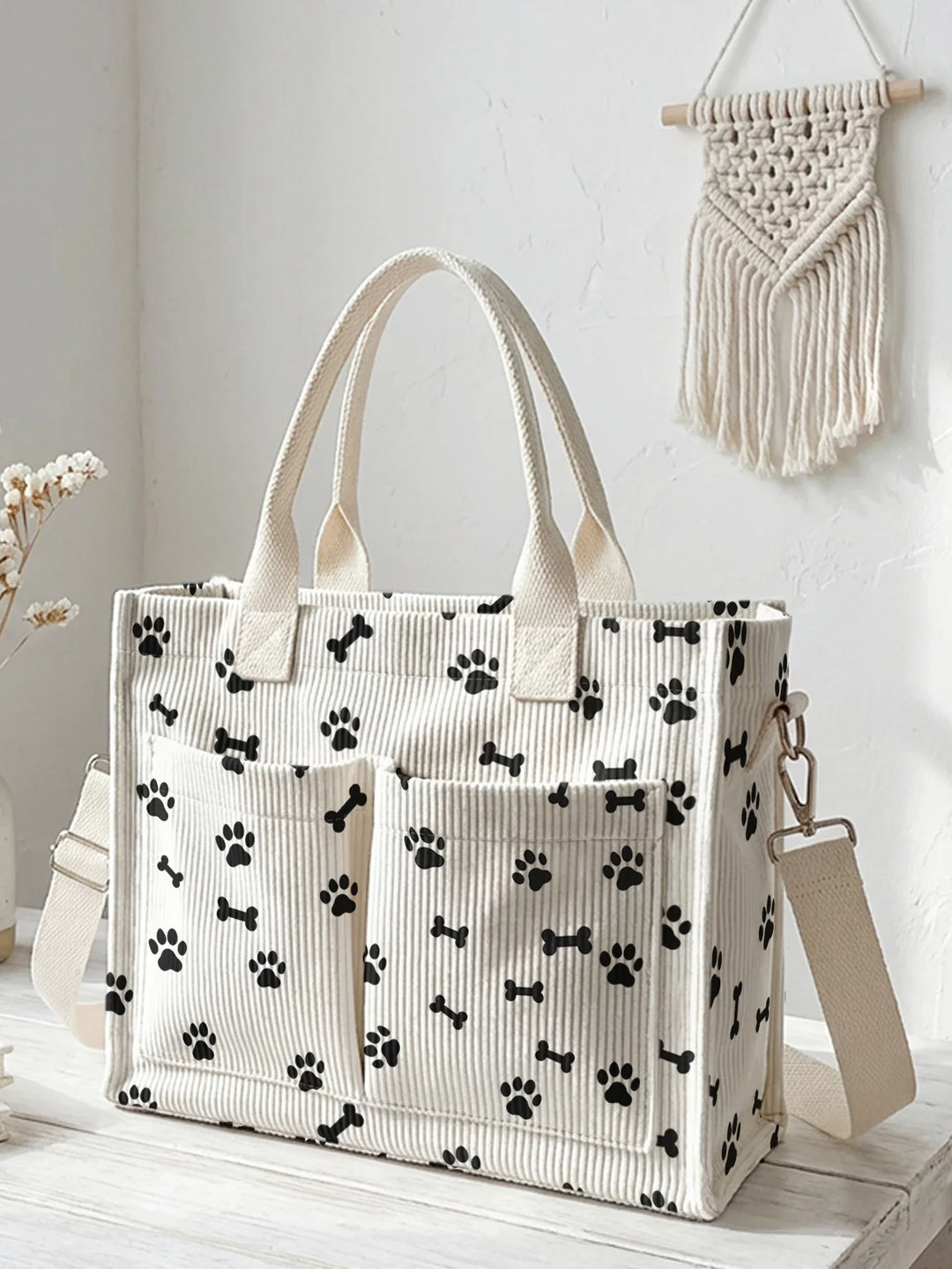 Reine | Sac cabas en velours côtelé empreintes de pattes