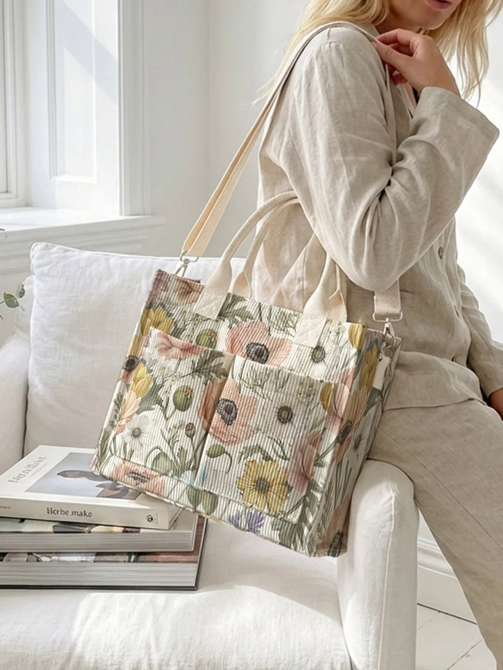 Théa | Sac cabas en velours côtelé anémones