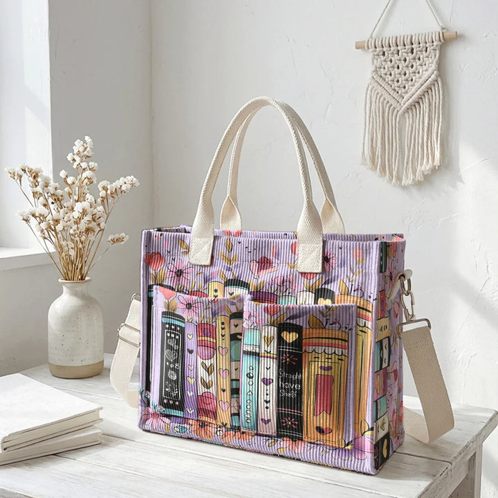 Ysé | Sac cabas en velours côtelé livres et fleurs