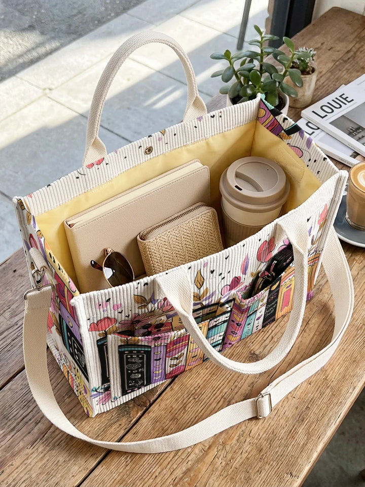 Ysé | Sac cabas en velours côtelé livres et fleurs
