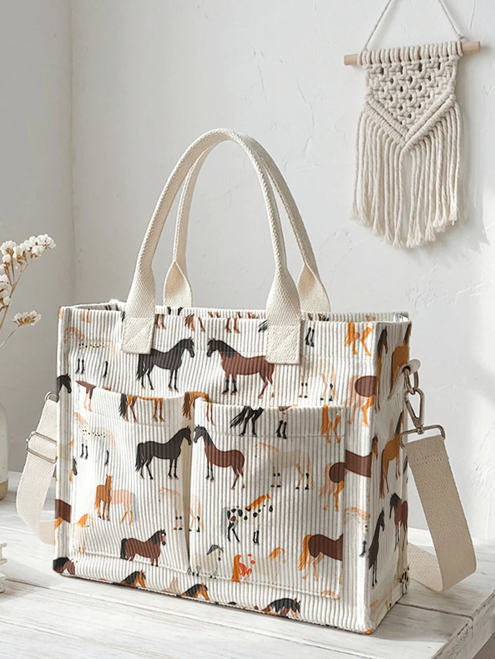 Romaine | Sac cabas en velours côtelé chevaux