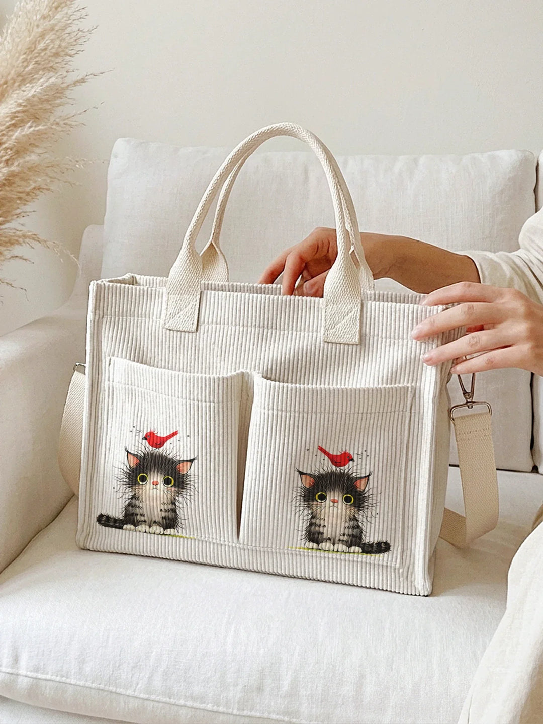 Nathanaëlle | Sac cabas en velours côtelé chaton et rouge-gorge
