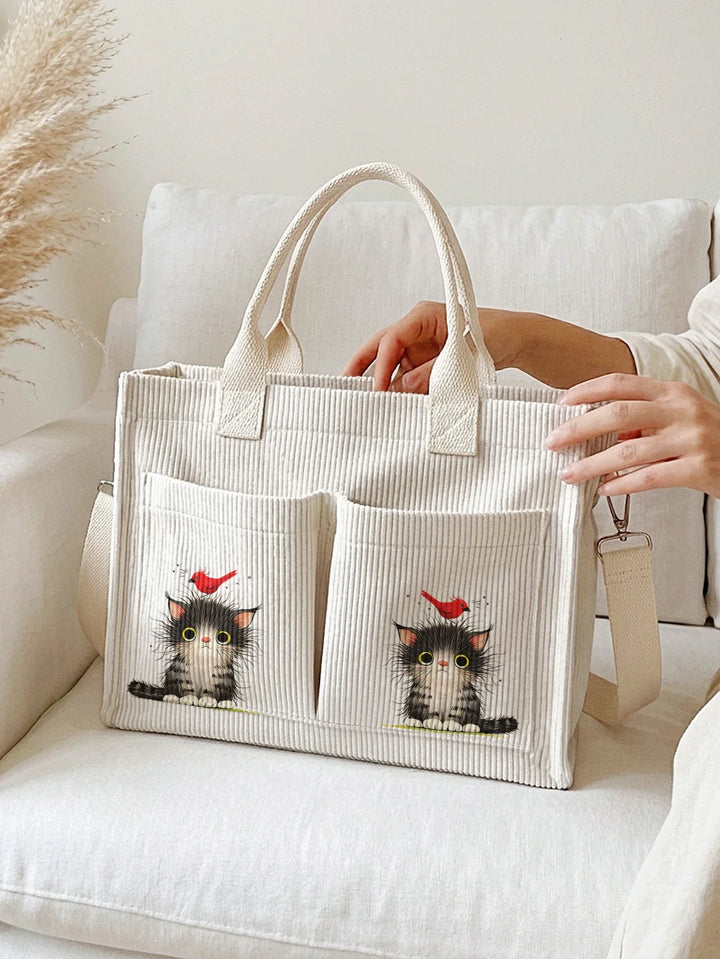 Nathanaëlle | Sac cabas en velours côtelé chaton et rouge-gorge
