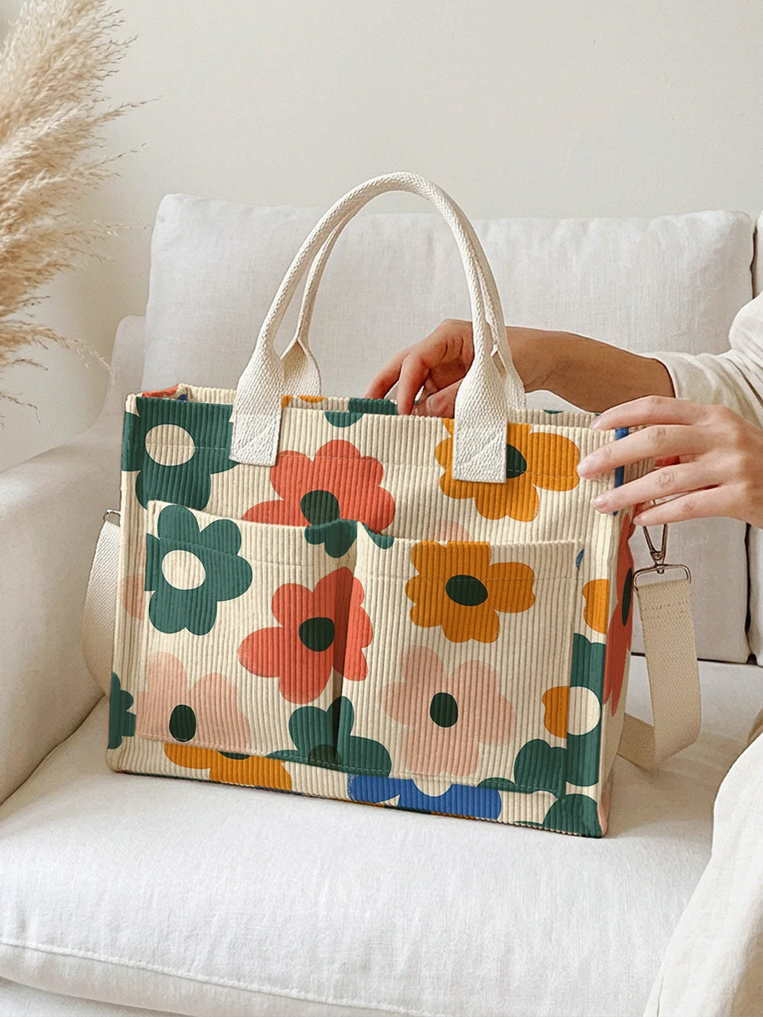 Valériane | Sac cabas en velours côtelé fleurs rétro sur fond beige