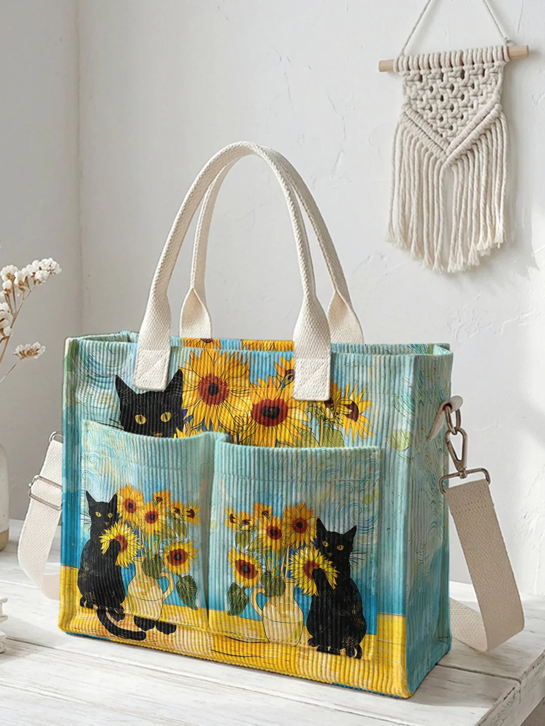 Pascale | Sac cabas en velours côtelé chat noir et tournesols