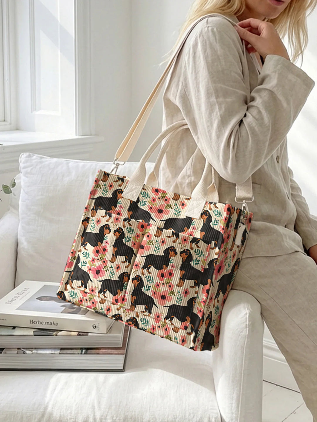 Paloma | Sac cabas en velours côtelé teckels fleuris