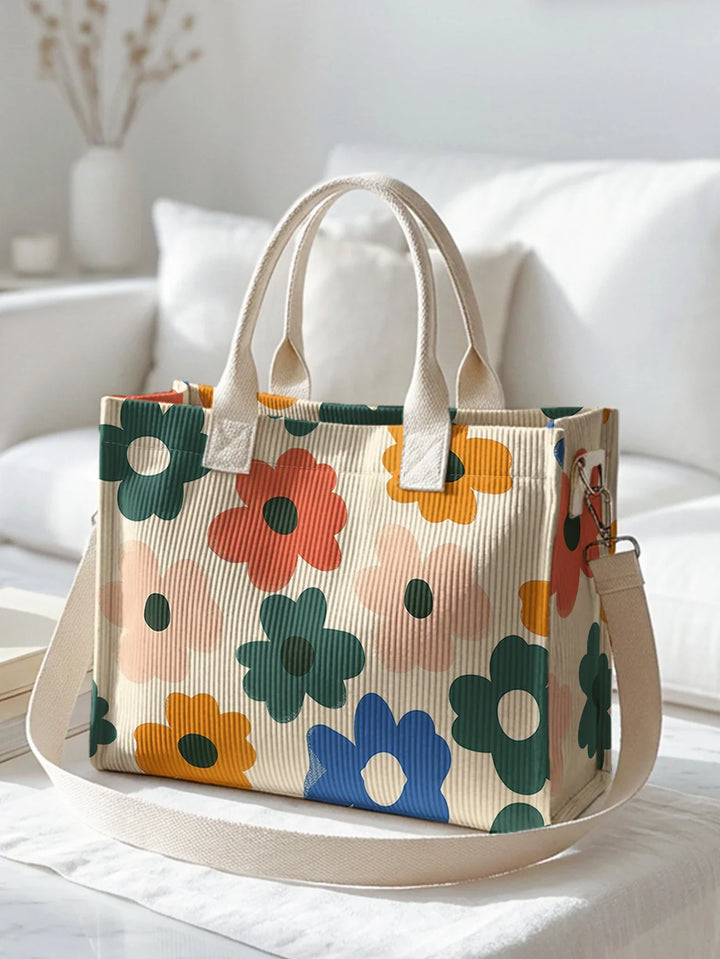 Valériane | Sac cabas en velours côtelé fleurs rétro sur fond beige