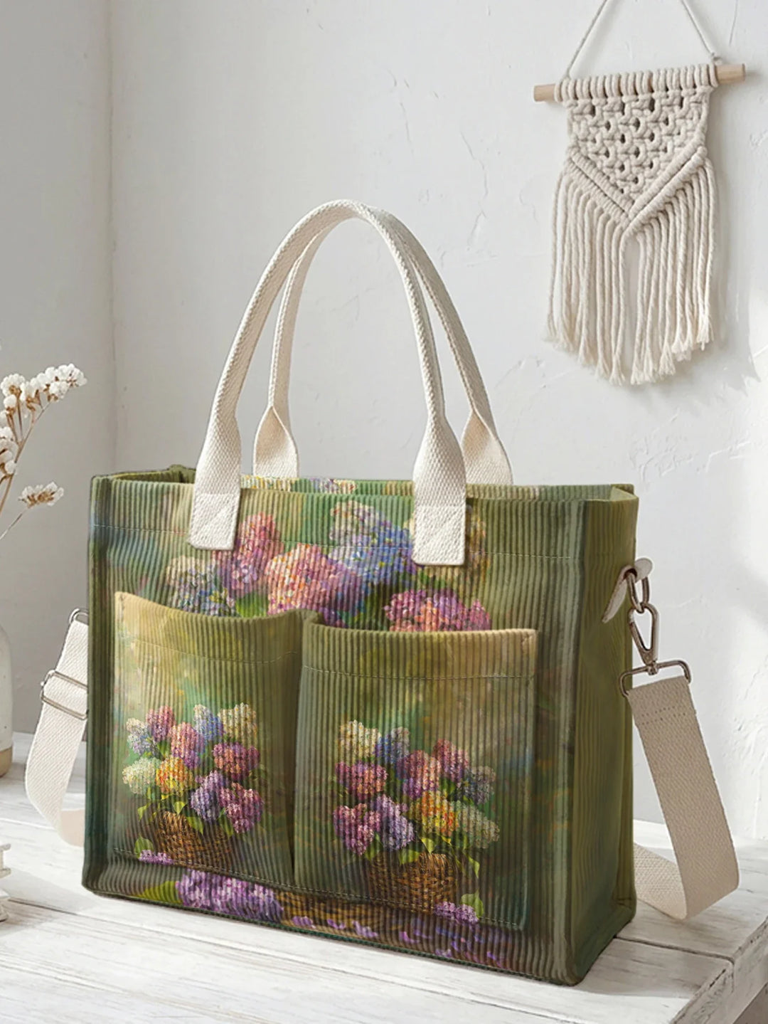 Victorine | Sac cabas en velours côtelé hortensias